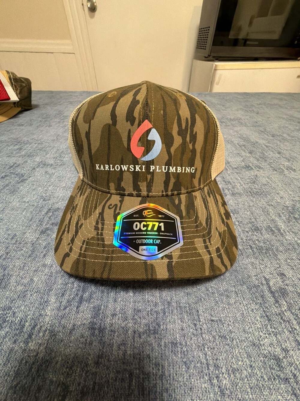 Outdoor Cap Karlowski Plumbing Custom Mossy Oak Bottomland Camo Mesh Trucker Hat